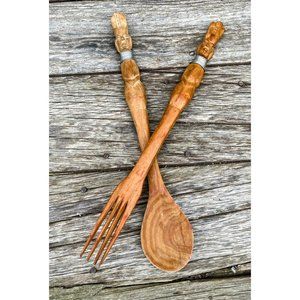 Vintage MCM Carved Wood African Salad Fork Spoon Head Bust handles